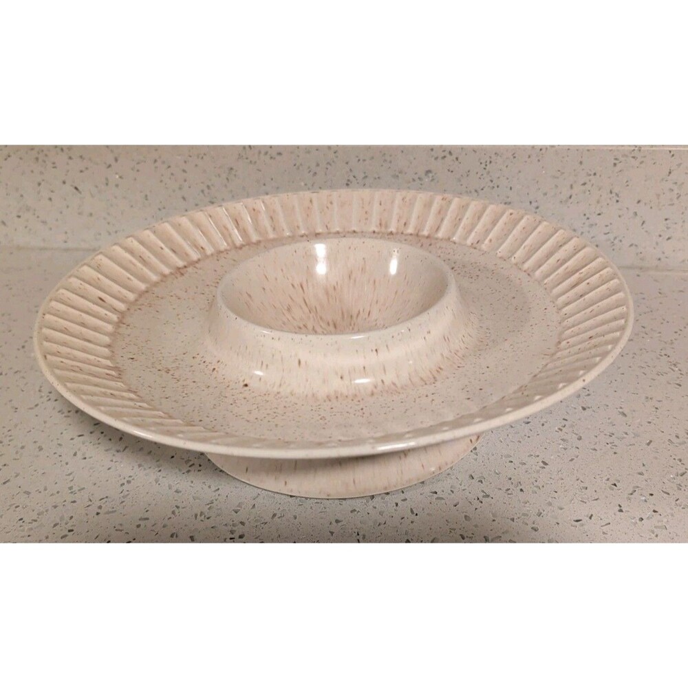 Vtg MCM Ceramic Chip & Dip Bowl Speckled Footed